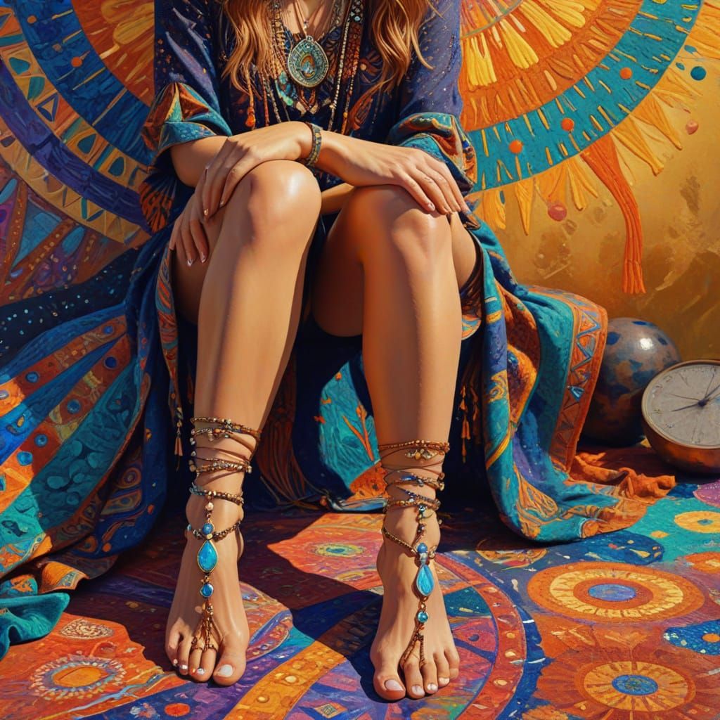 Psychedelic 70s Legs with Boho Jewelry as Gouache Painting
