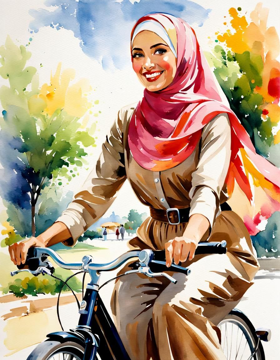 Watercolor Portrait of Women in Hijab on Bicycles