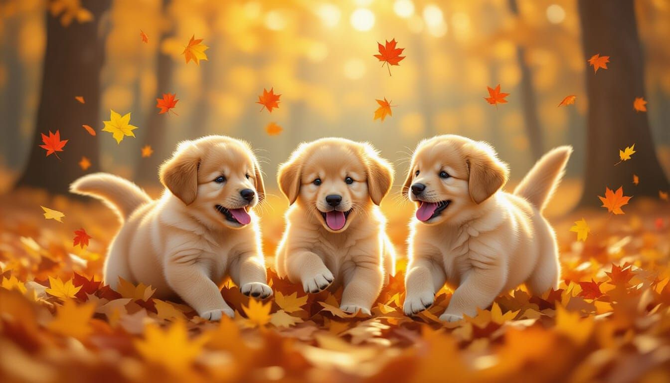 Golden Retriever Puppies Play in Autumn Leaves