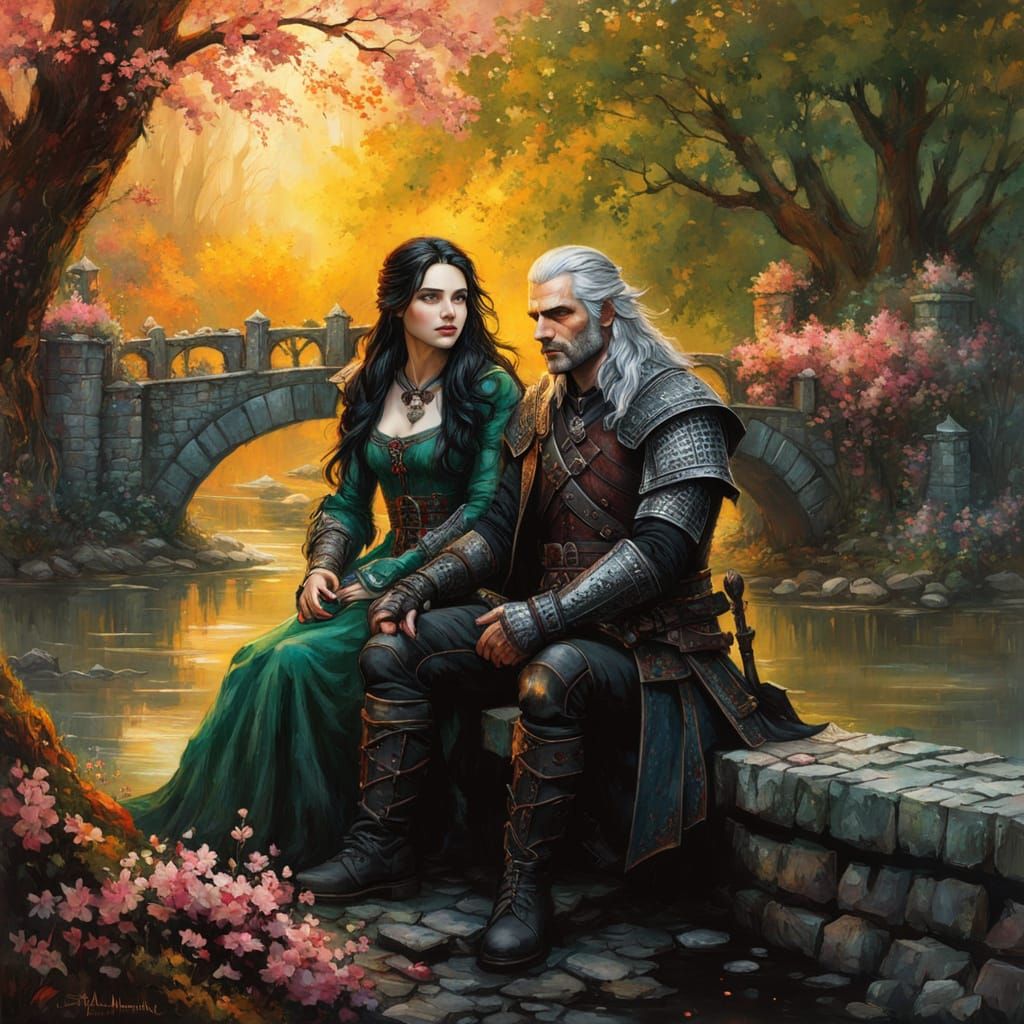 Yennefer and Geralt on Ancient Bridge: Dark Fantasy Art