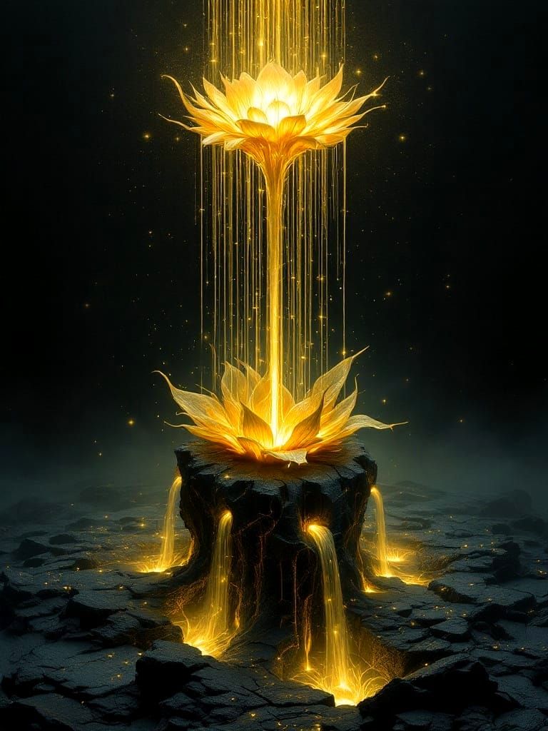 A biomechanical golden flower blooming from the cracked surface of a floating obsidian island, with streams of glowing v...