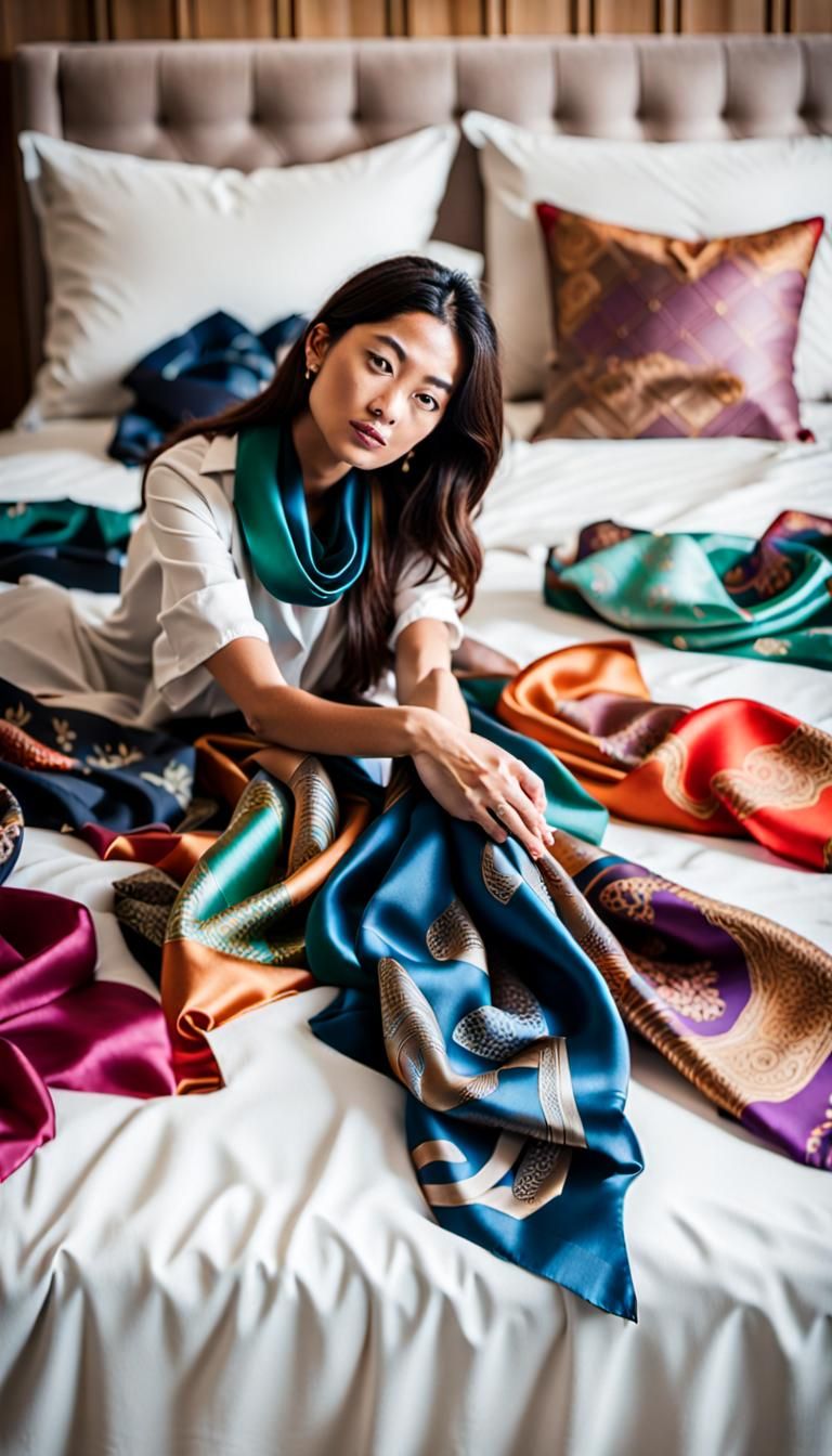 Woman with Luxurious Silk Scarves, Professional Photography