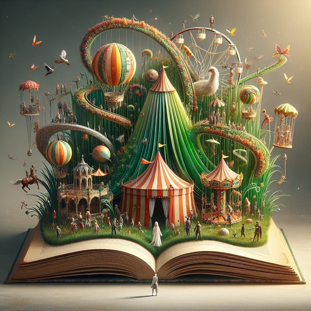 Vibrant Carnival Emerges from Book in Surreal Scene