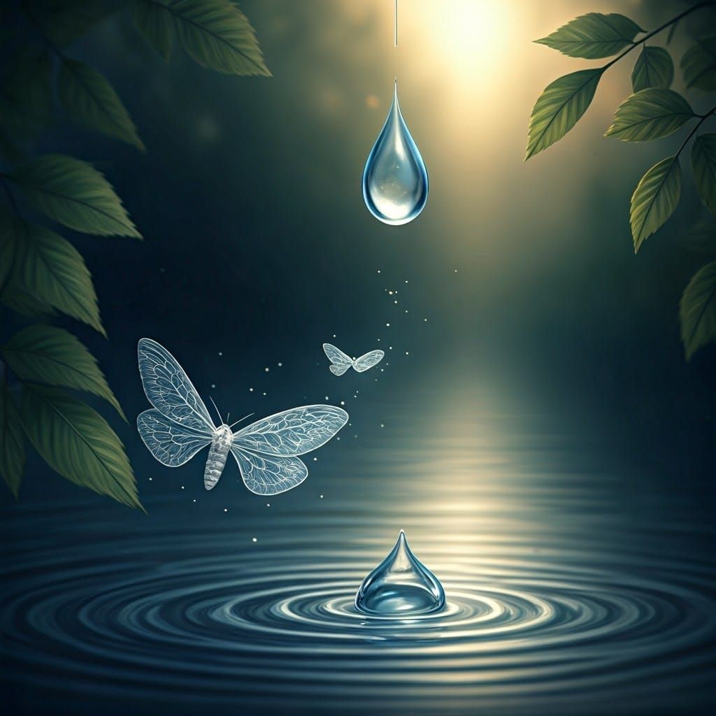 Ethereal Raindrop Descends into Serene River Landscape