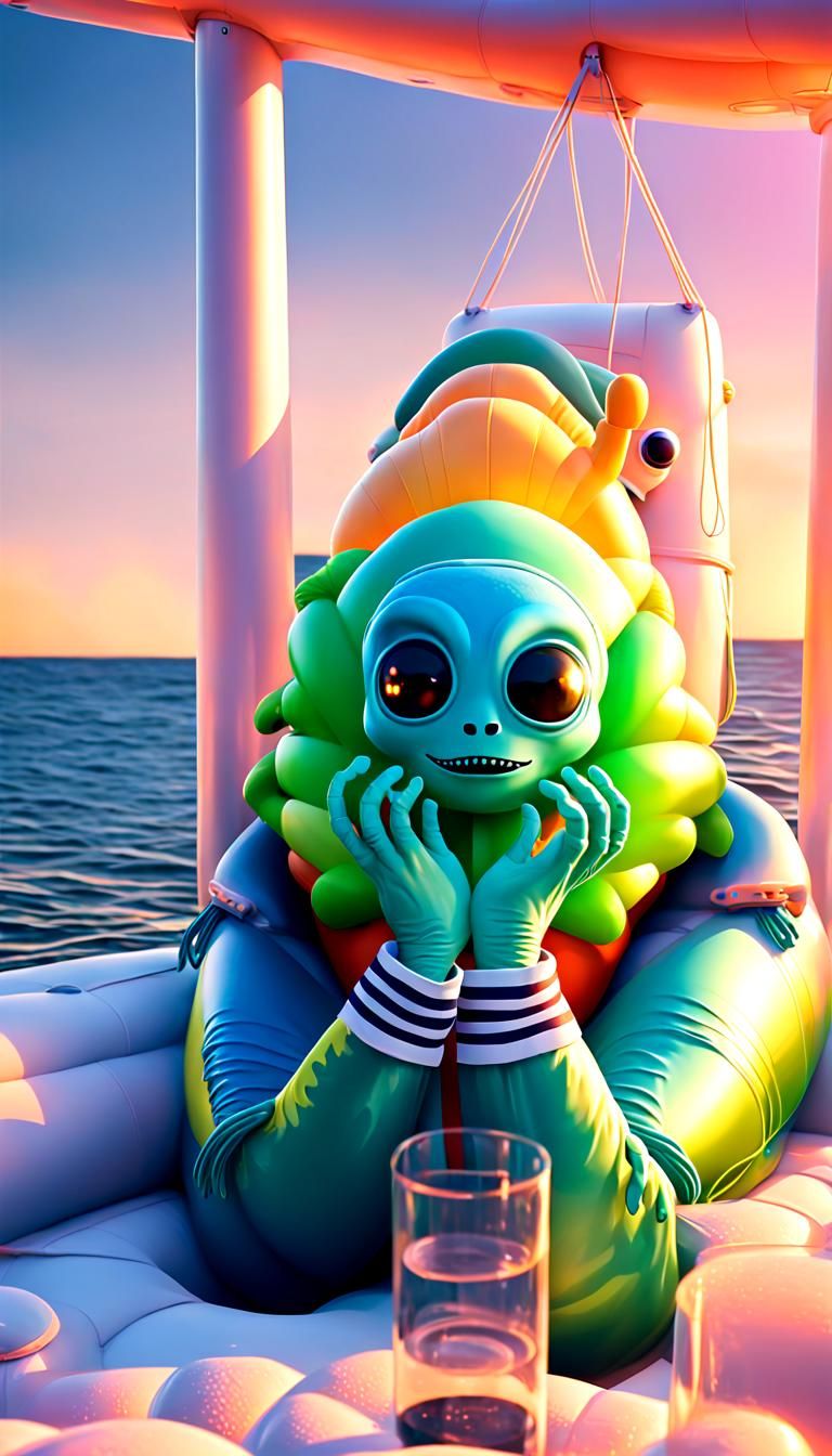 Alien Refugees Adrift in Hyperealistic Sunset