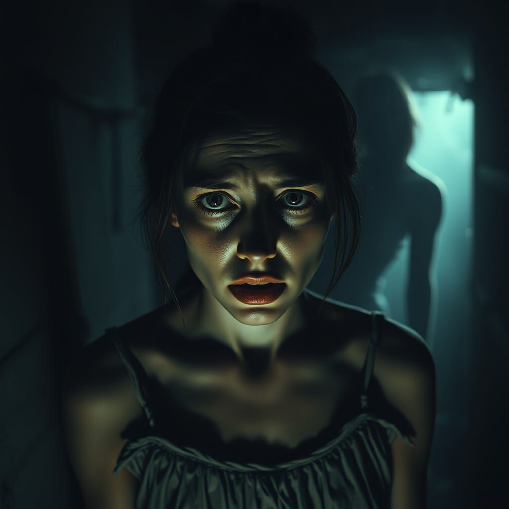 Terrified Woman in Cabin: Horror Art