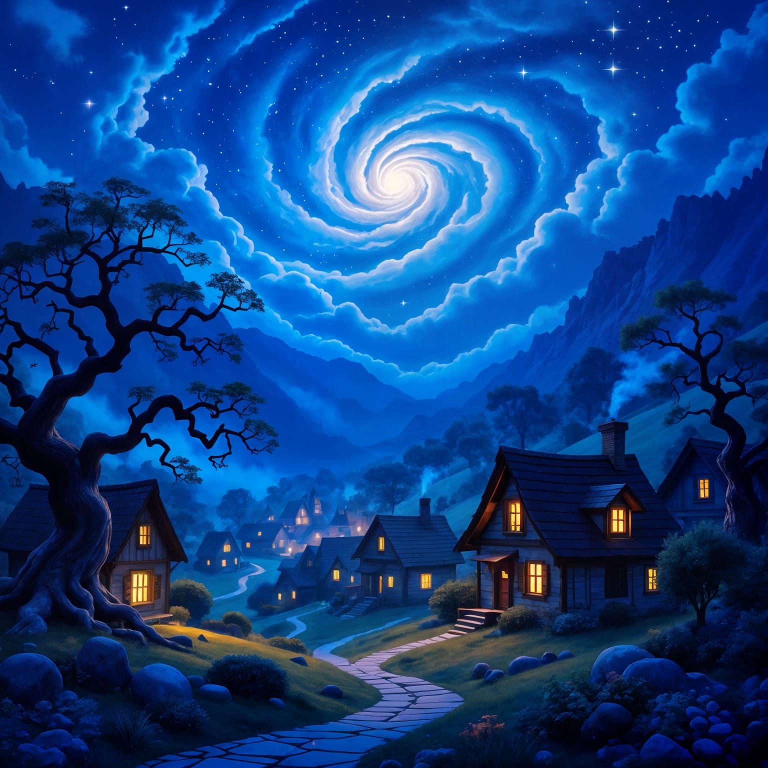 Whimsical Village Under a Starry Galaxy