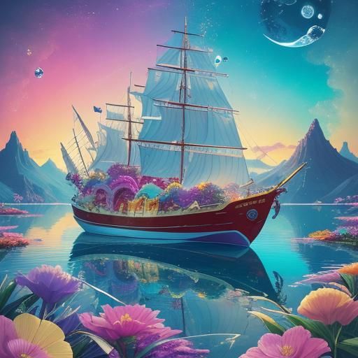 Rainbow Boat in Glass Box, Digital Illustration