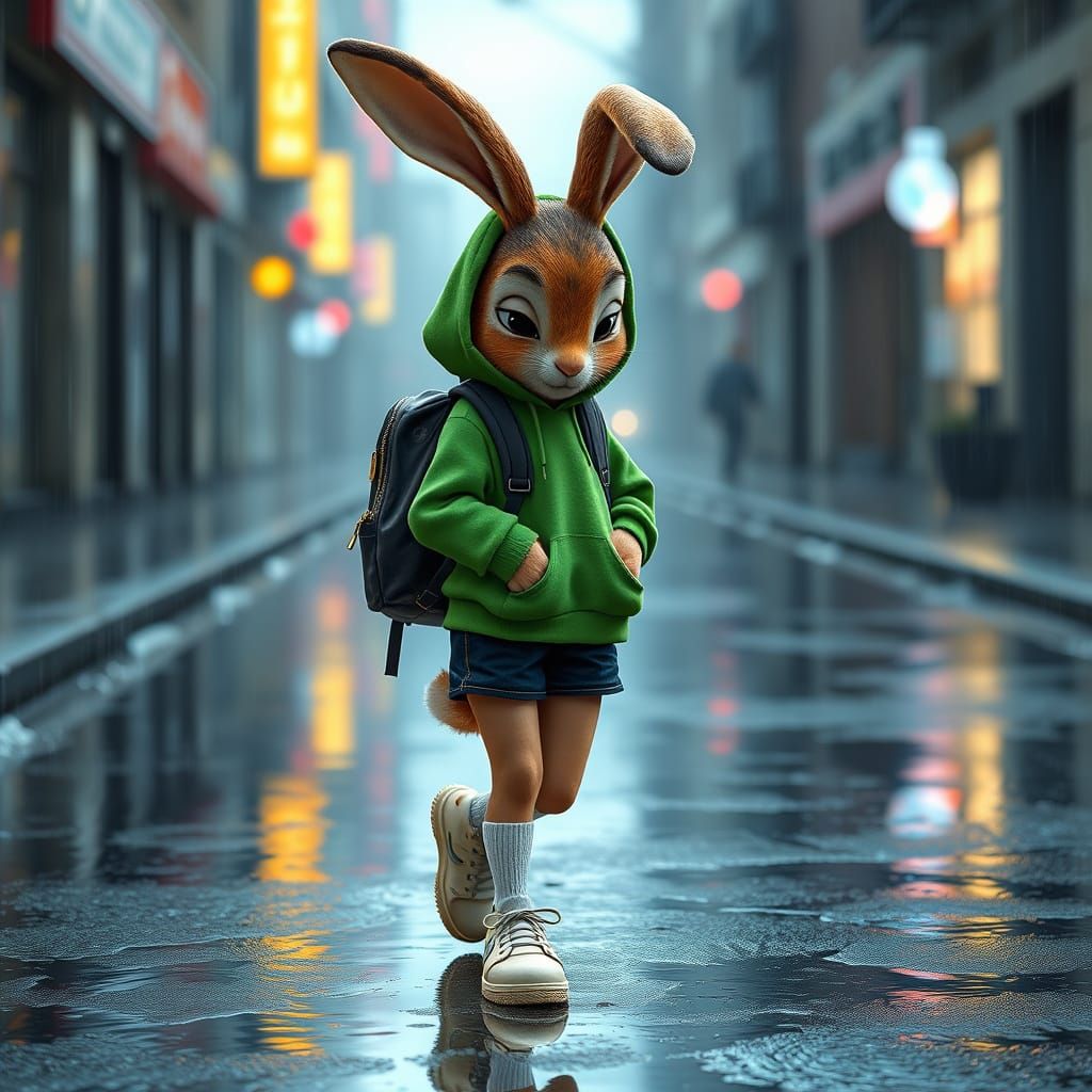 Surreal Bunny Girl Trudges Through Rainy City Streets