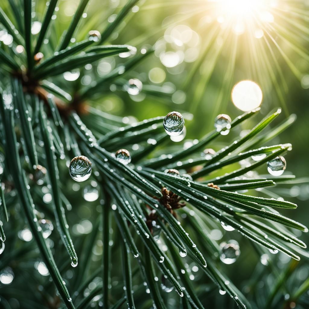 Dew Drops on Pine Needles: Morning Sunlight
