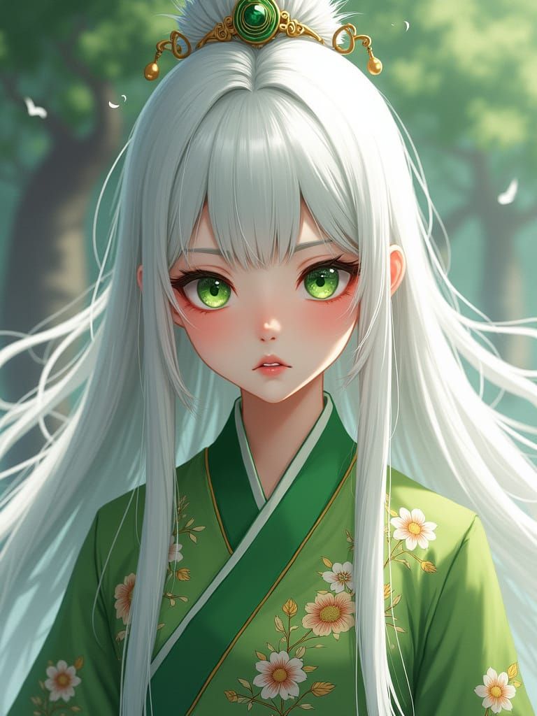 Young Chinese Woman with White Hair and Green Eyes in Tradit...
