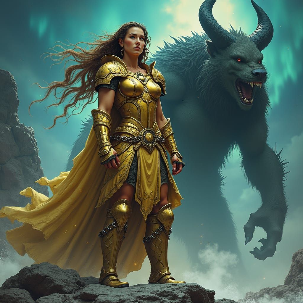 Asgardian Goddess Defies Fenrir in Epic Fantasy Art