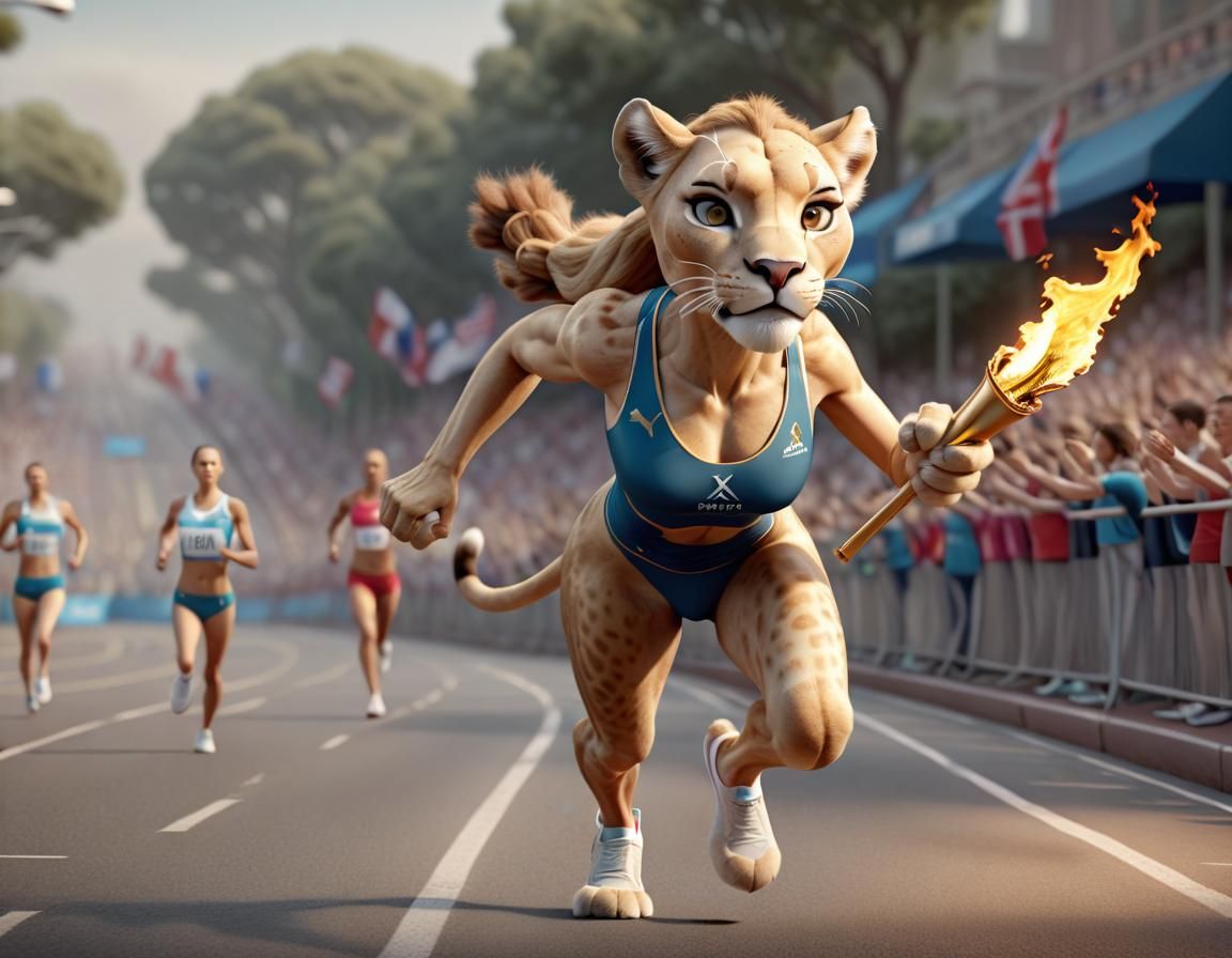 Lioness Marathon Runner with Olympic Torch