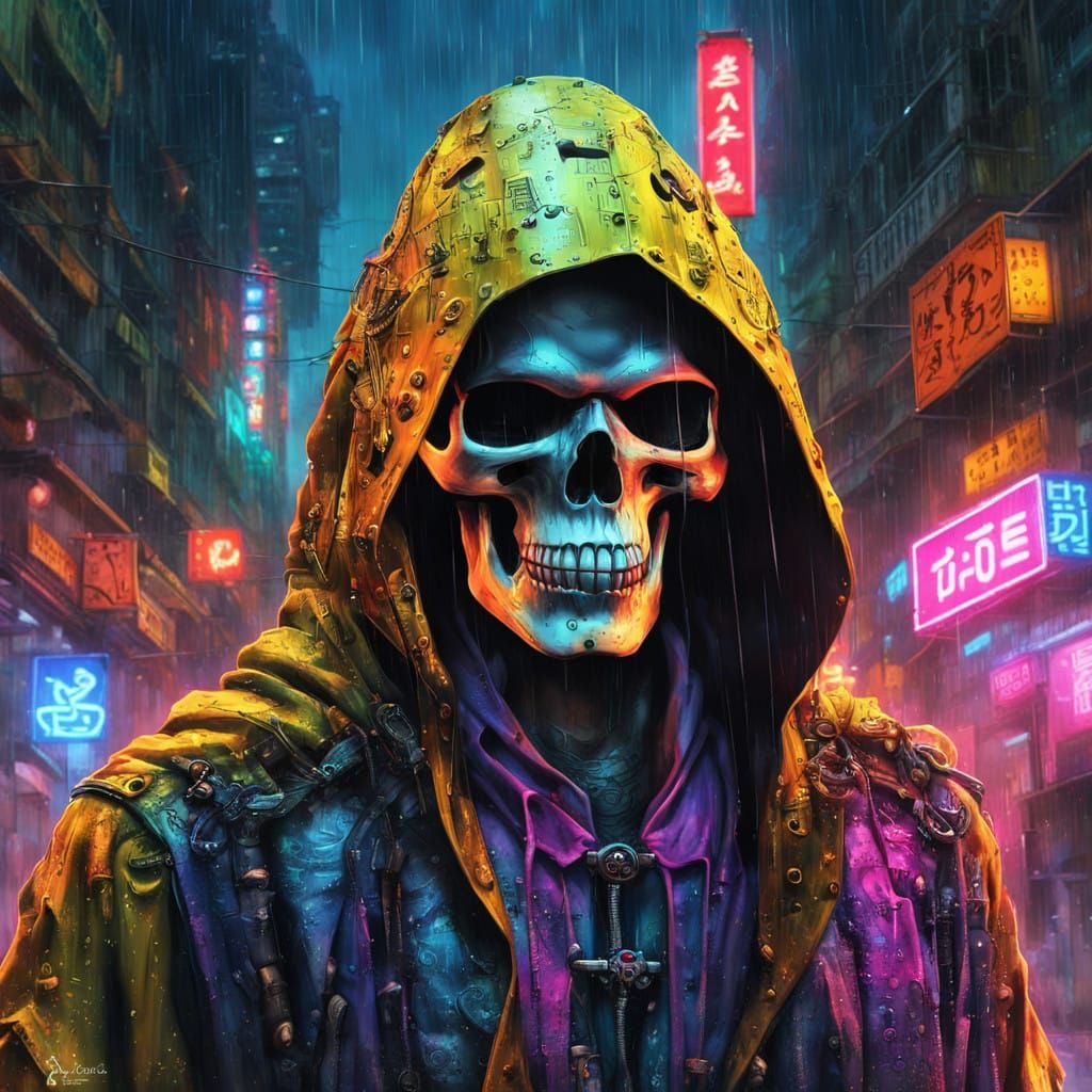 Cybernetic Skull in Neon-Lit Japanese Armor, Rainy Slum