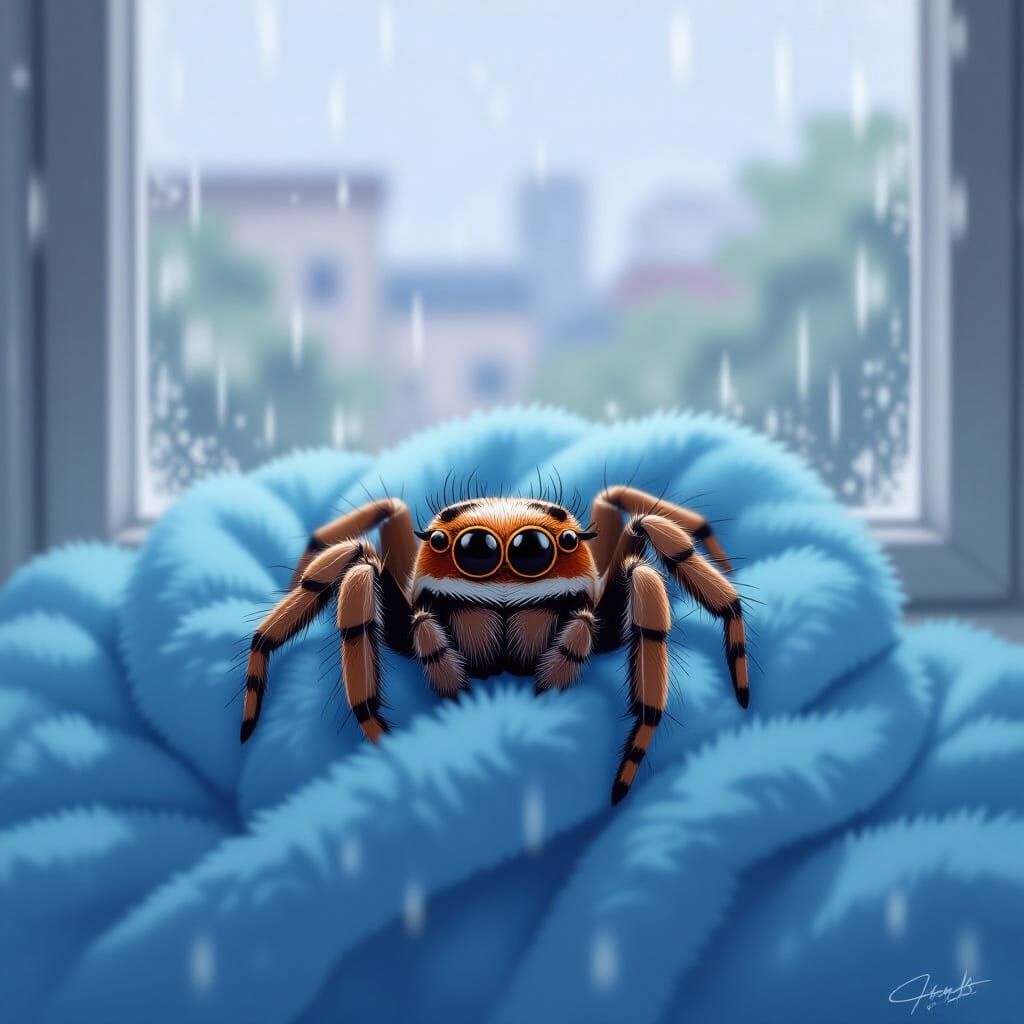 Jumping Spider Cozy on Blue Blanket, Anime Style