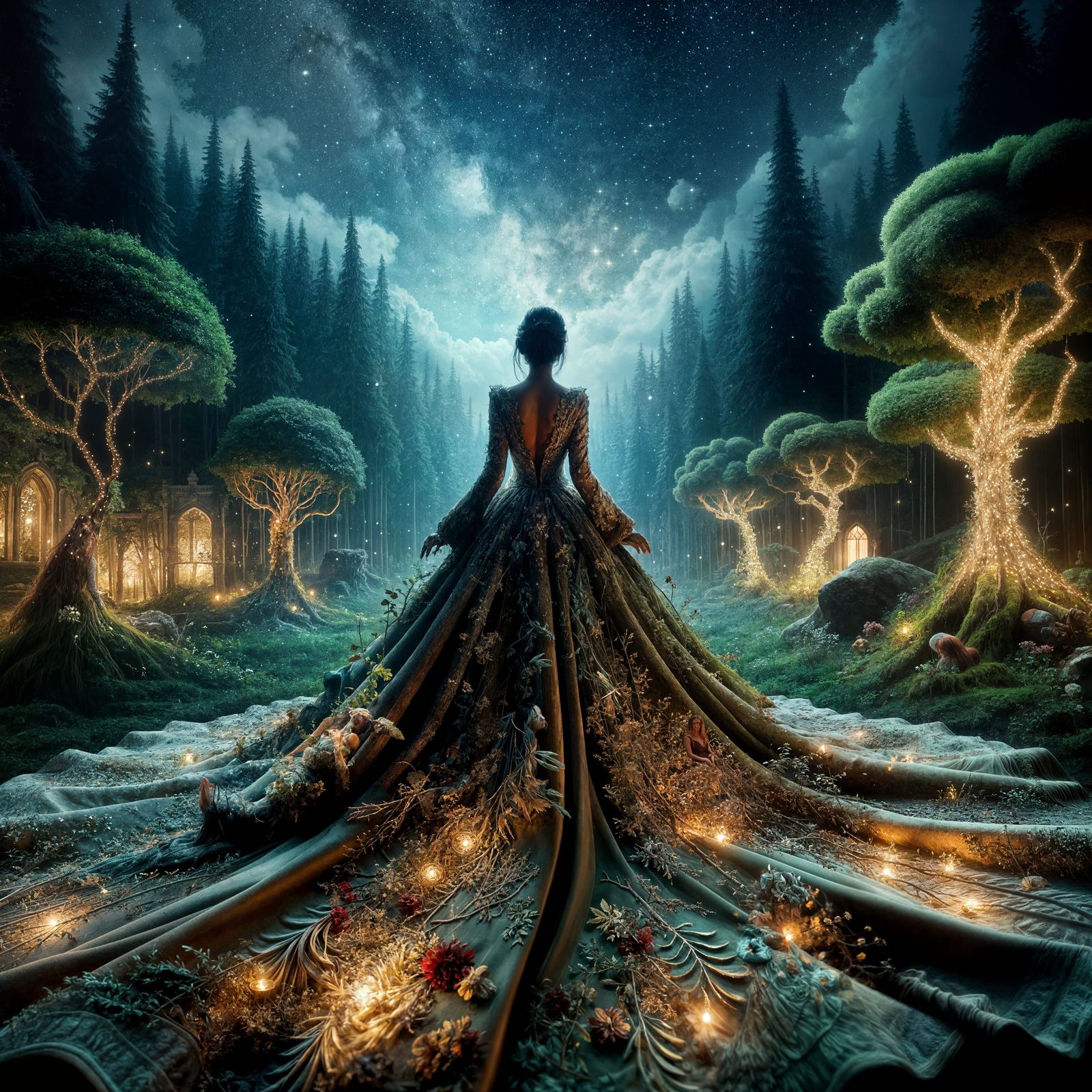 Enchanting Forest Queen Gown in Night Scene