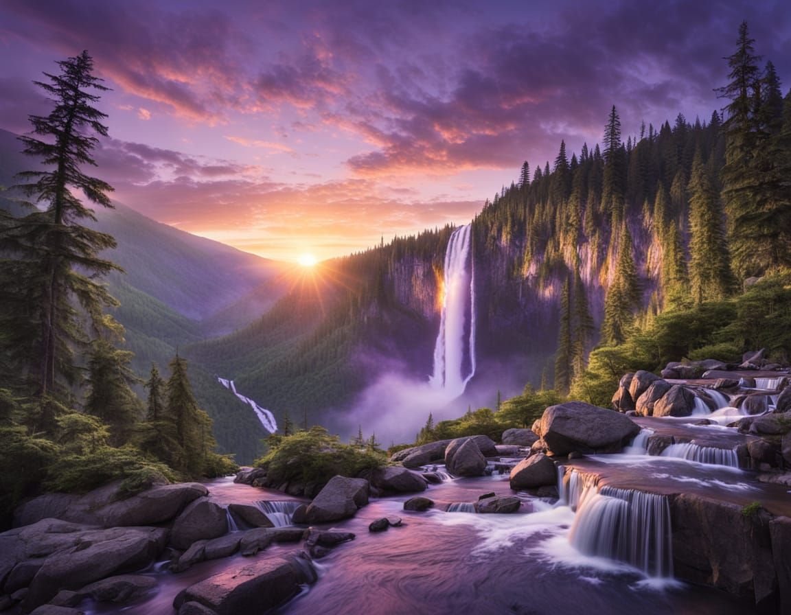 Majestic Waterfall Under Purple Sunset Sky