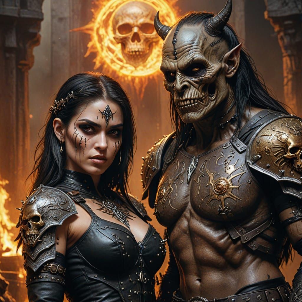 Female Thief and Orc Magician in Dark Fantasy Art