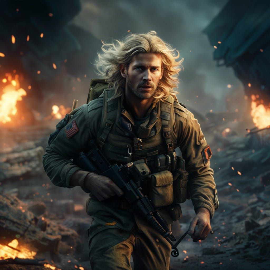 Infantryman Runs Through Burning Night Landscape