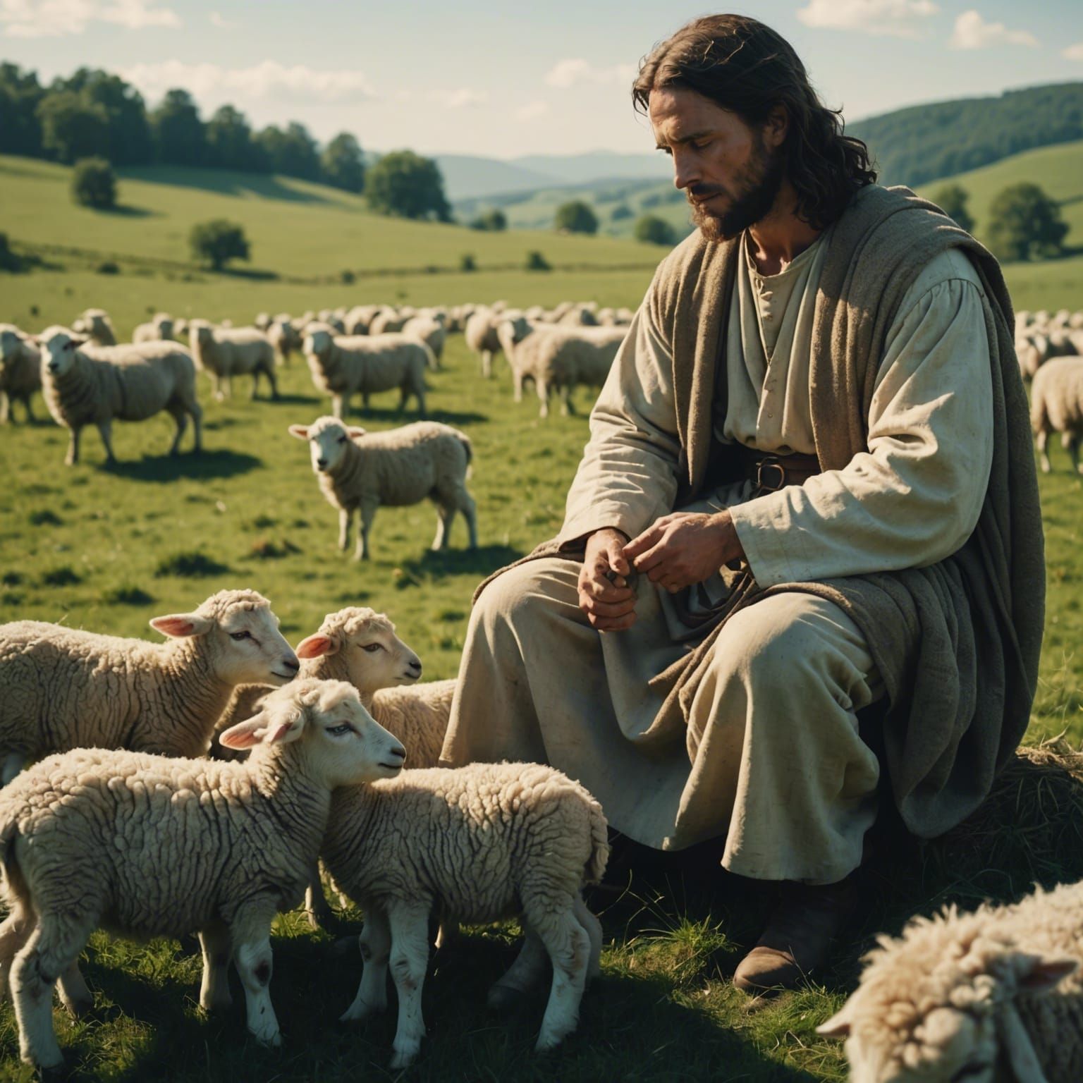 Jesus Christ and Sheep in Peaceful Field