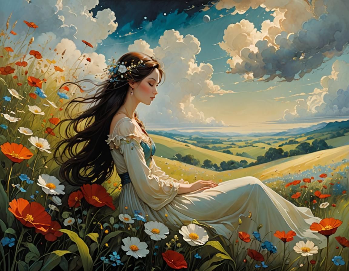 Woman Contemplates Sky in Dreamy Flower Field