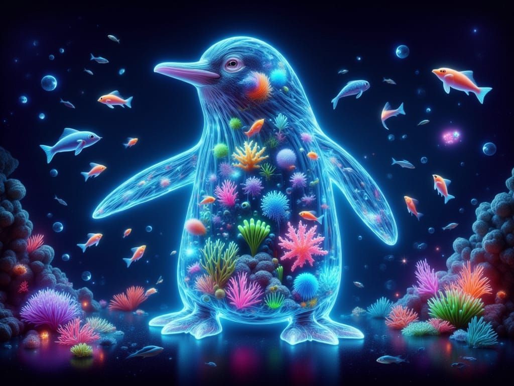 Glowing Penguin in Vibrant Coral Reef