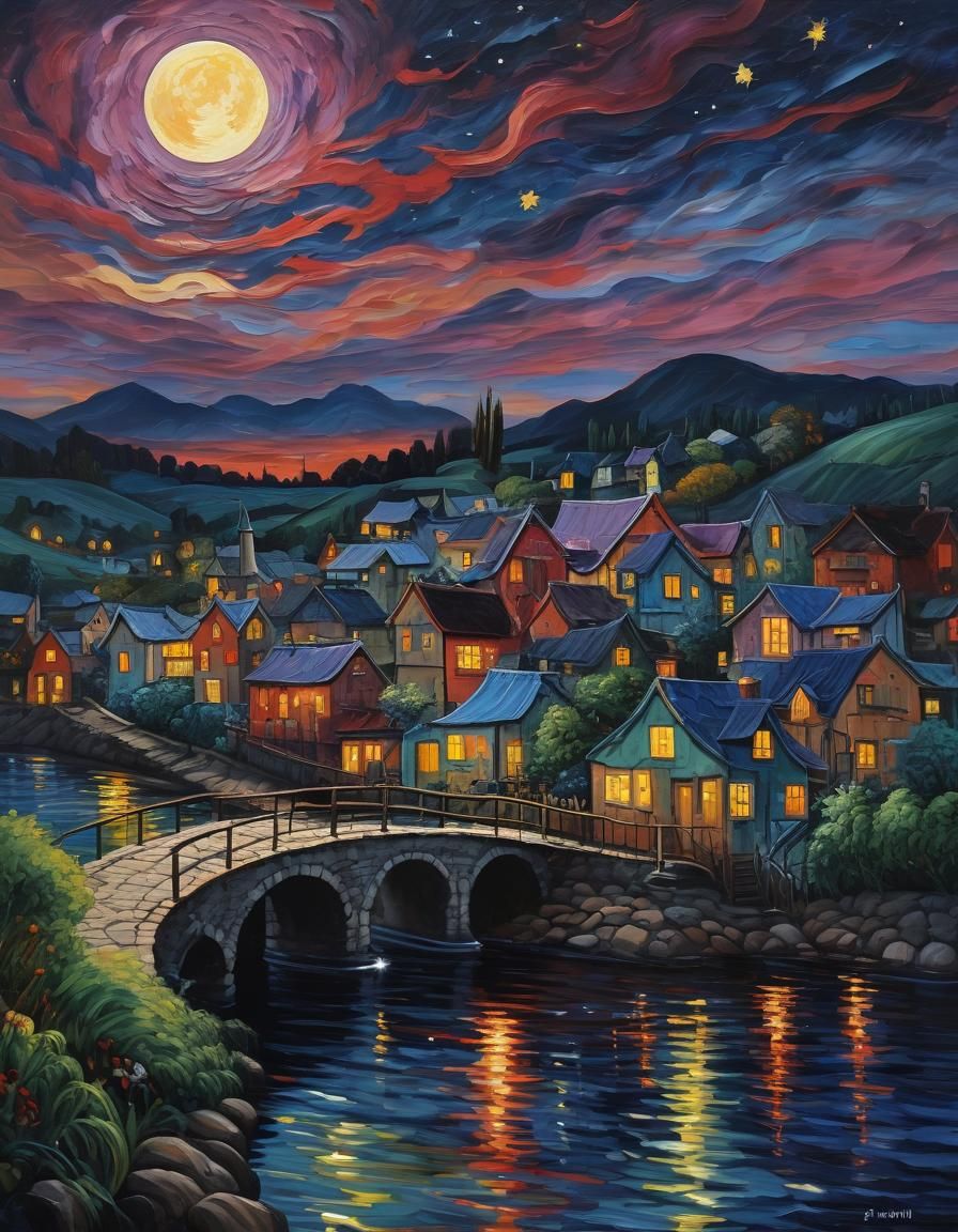 Village Under Starry Night Sky in Bold Impasto Style