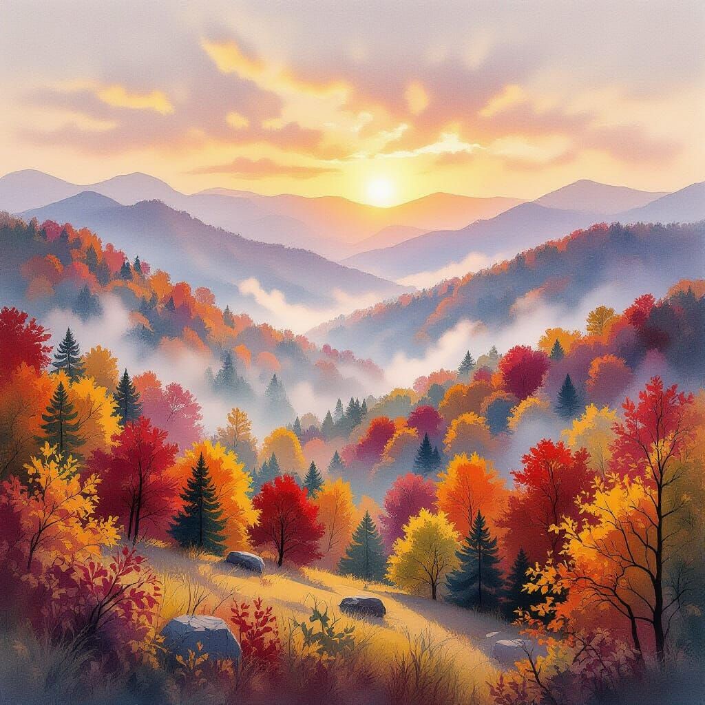 Smokey Mountains Fall Landscape in Romantic Watercolor Style