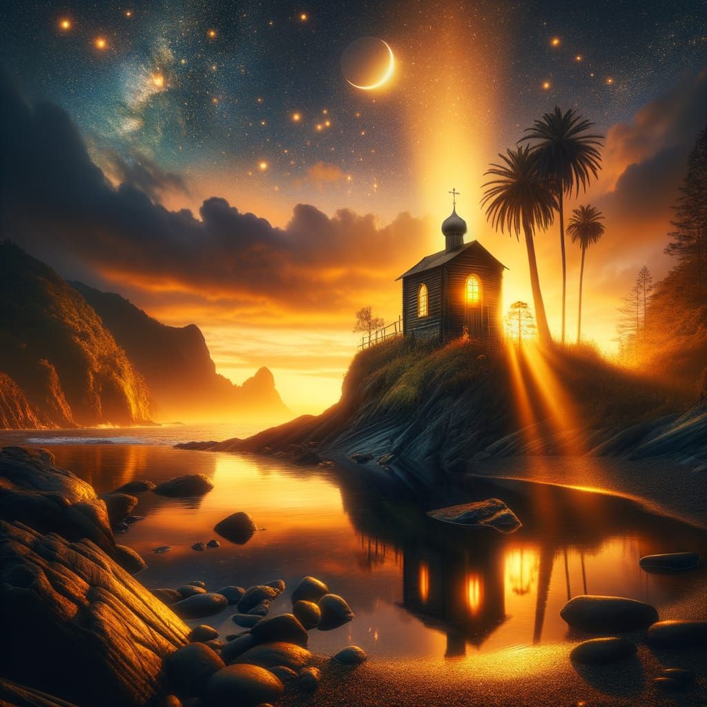 Mystical Coastal Chapel at Sunset