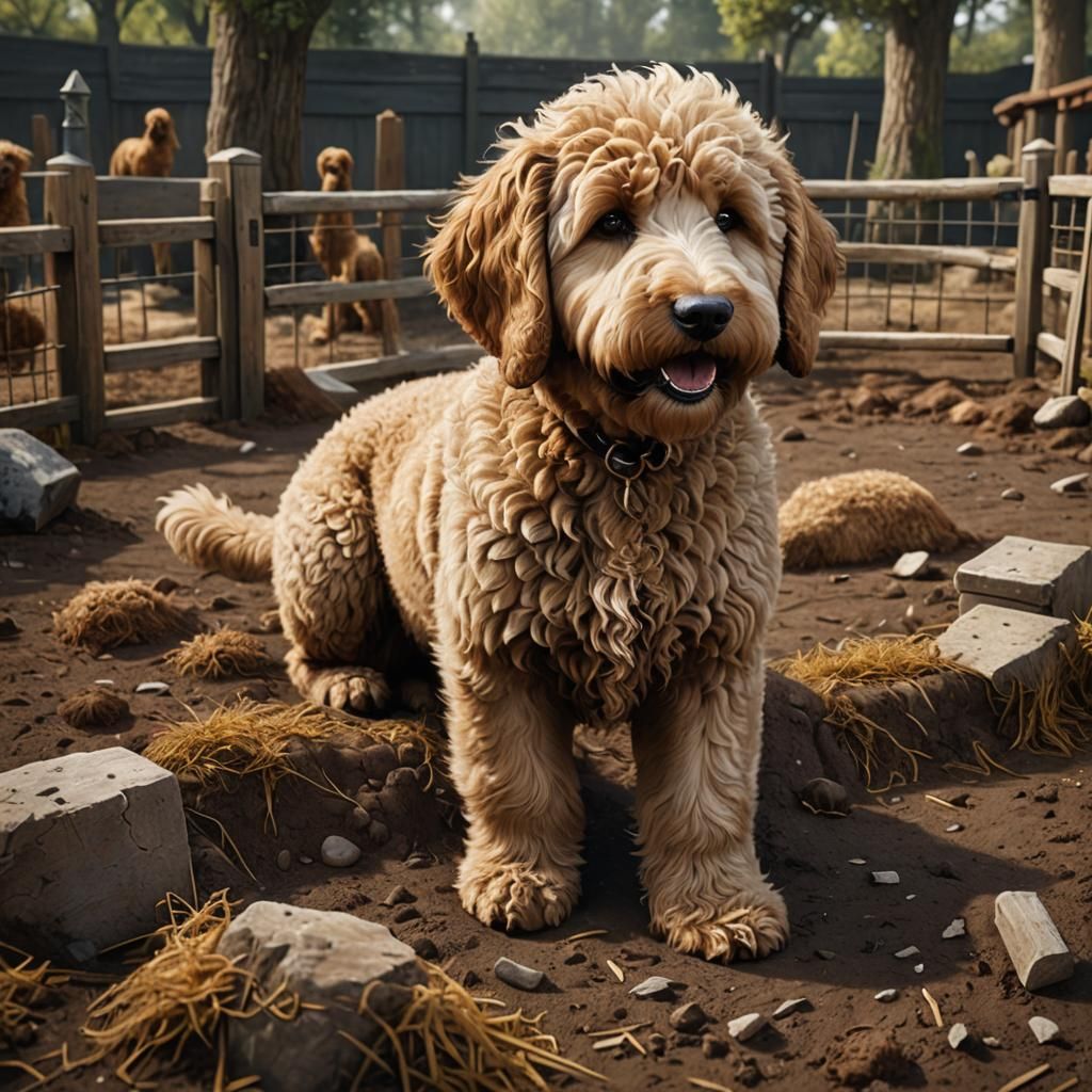 Fluffy Goldendoodle Digging out of Dog Pen