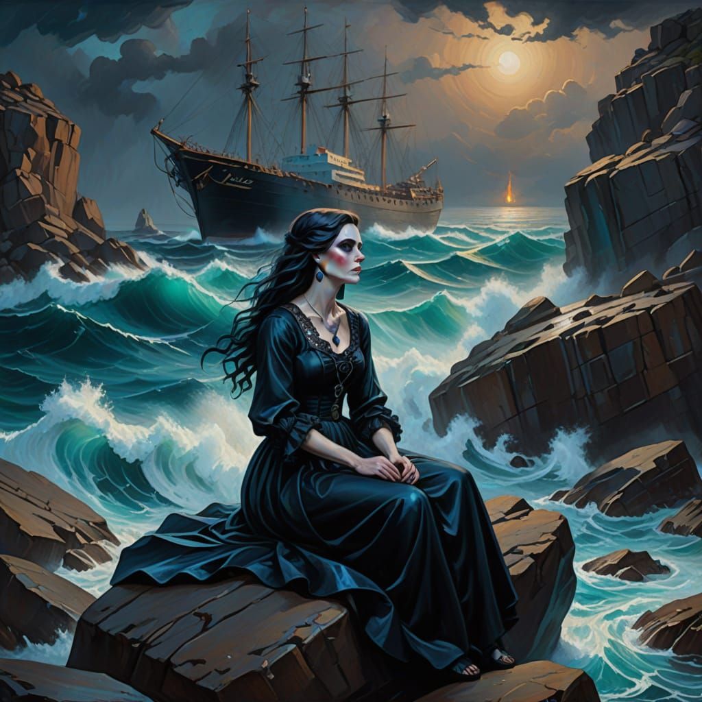 Goth Woman Sings to Ship: Oil Painting