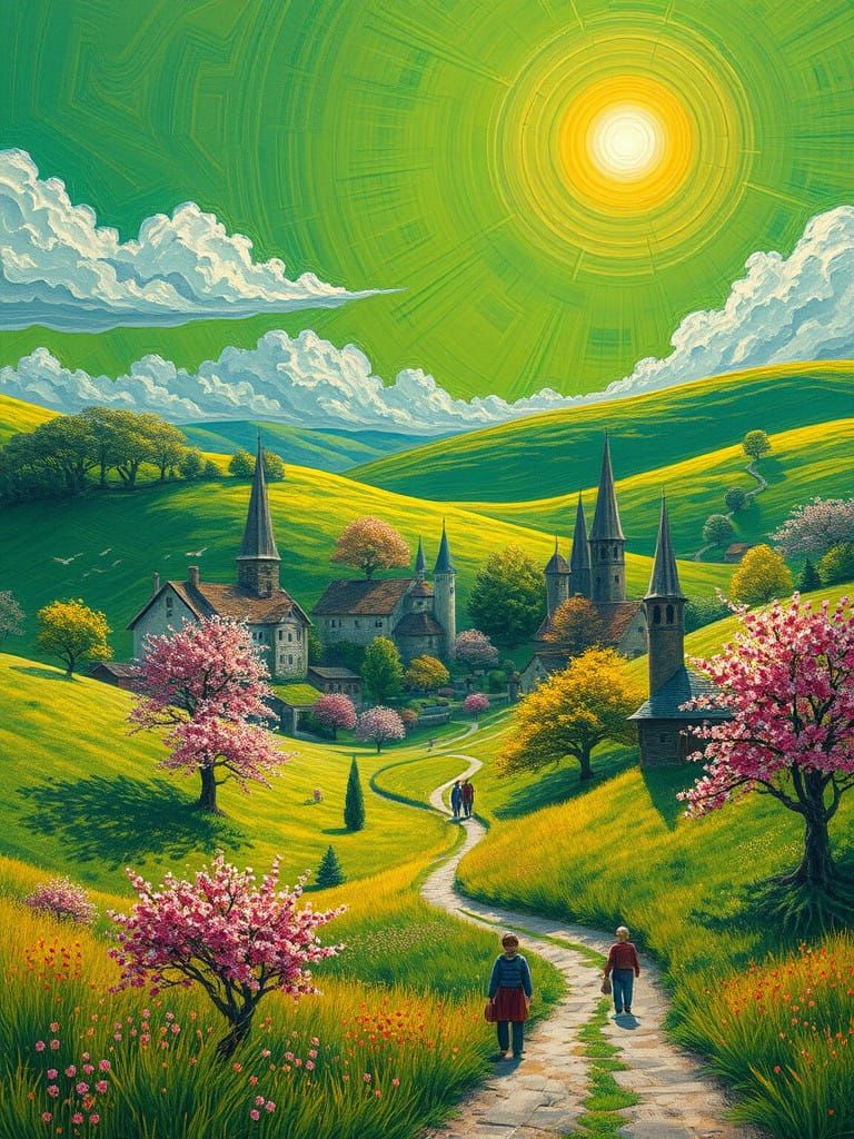 Whimsical Village Under Iridescent Skies