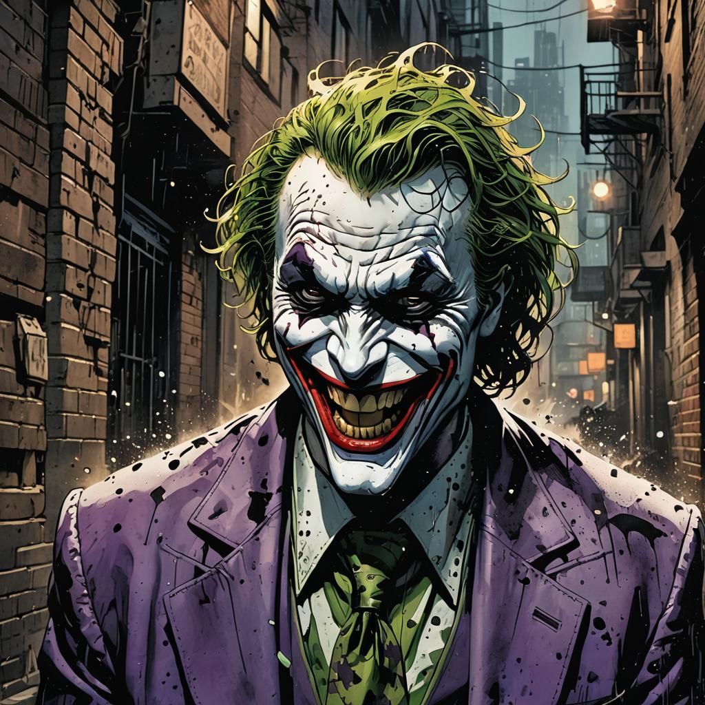 The Joker Laughing in Gotham Alley, Comic Book Art