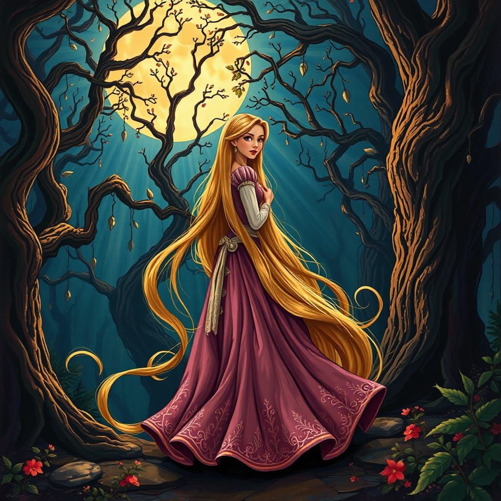 Golden Goddess in Renaissance Gown Amidst Whimsical Forest