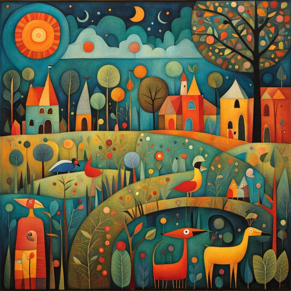Colorful Zoo Scene Inspired by Klee and Silivonchik