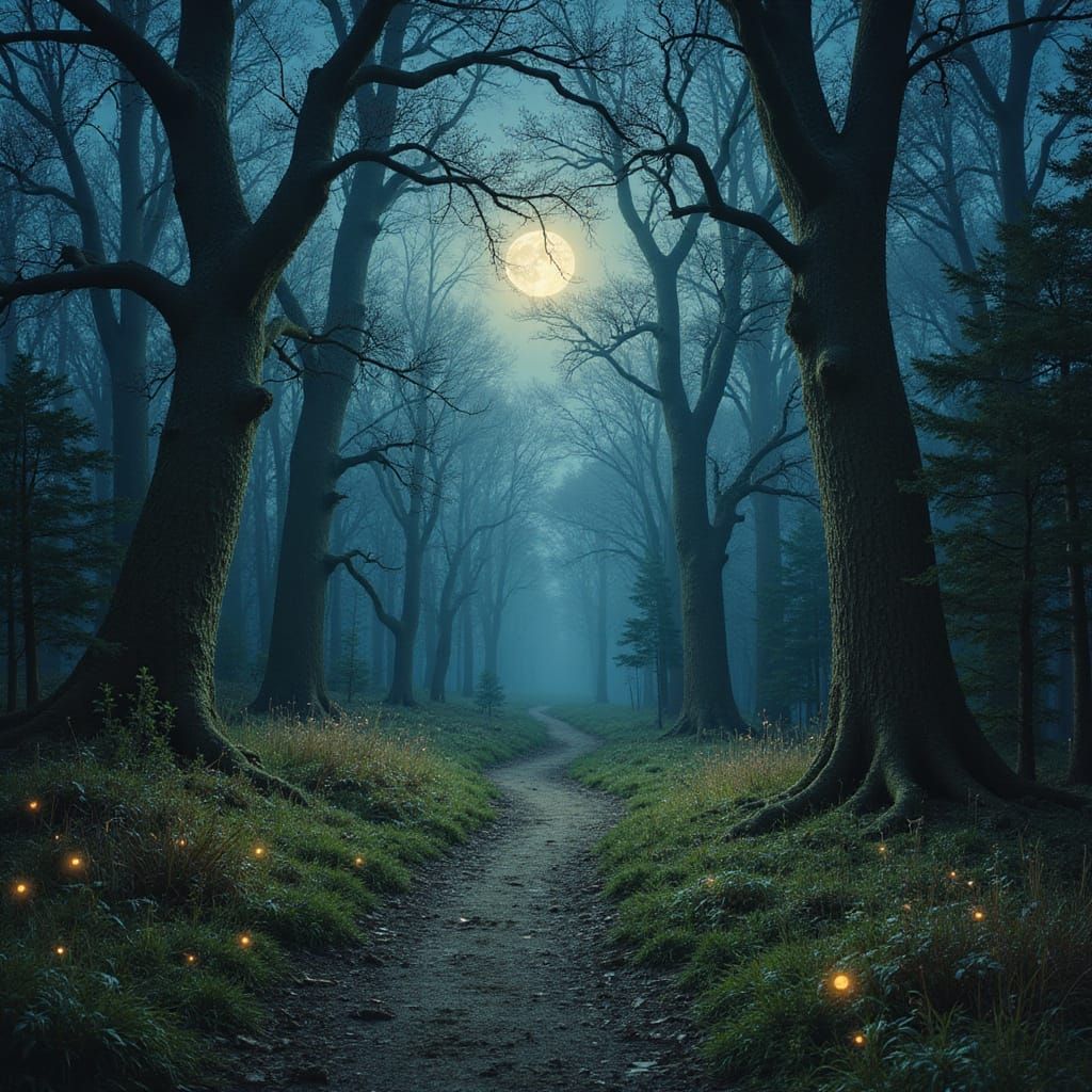 Dreamy, Moonlit Forest Landscape with Ancient Trees and Fire...