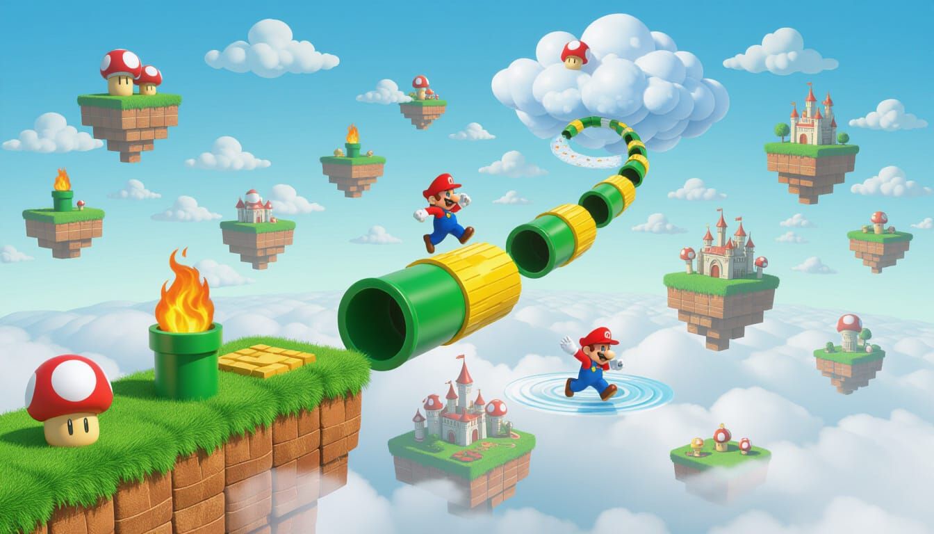 Surreal Mario Landscape with Floating Platforms