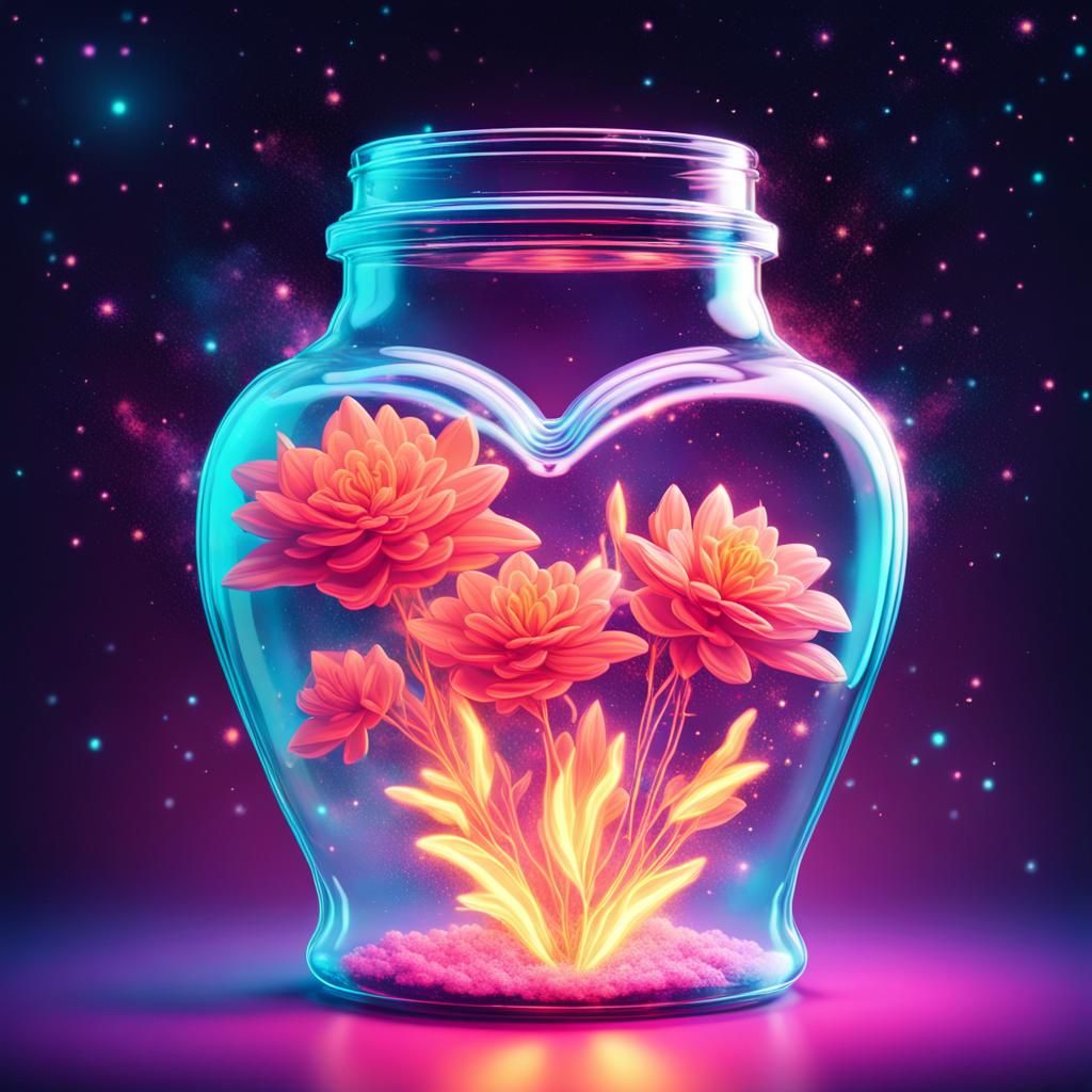 Heart Jar: Floral Flames in Synthwave Space