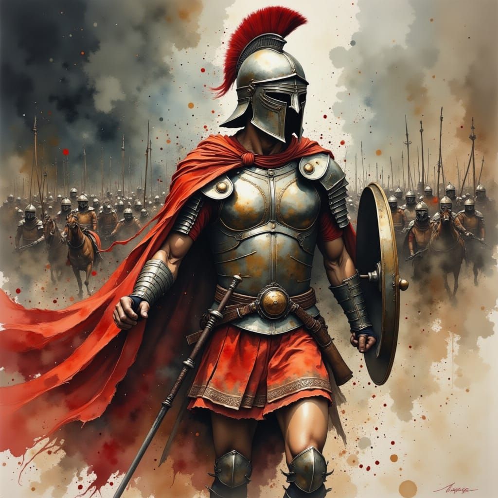 Roman Gladiator in Water-Ink Color Style