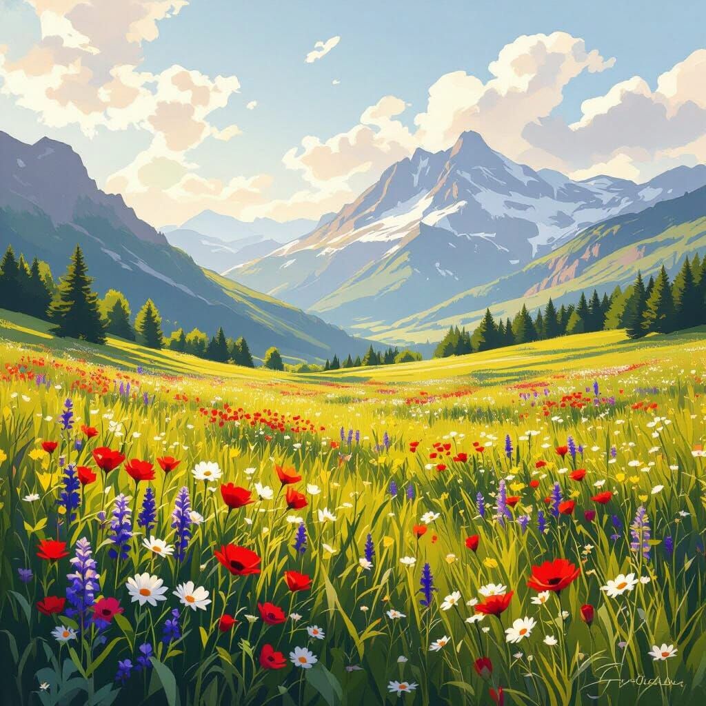 Sunny Mountain Meadow in Impressionist Style