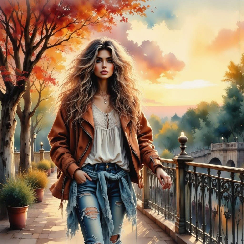 Eiffel Tower Sunset Portrait in Watercolor and Light Style