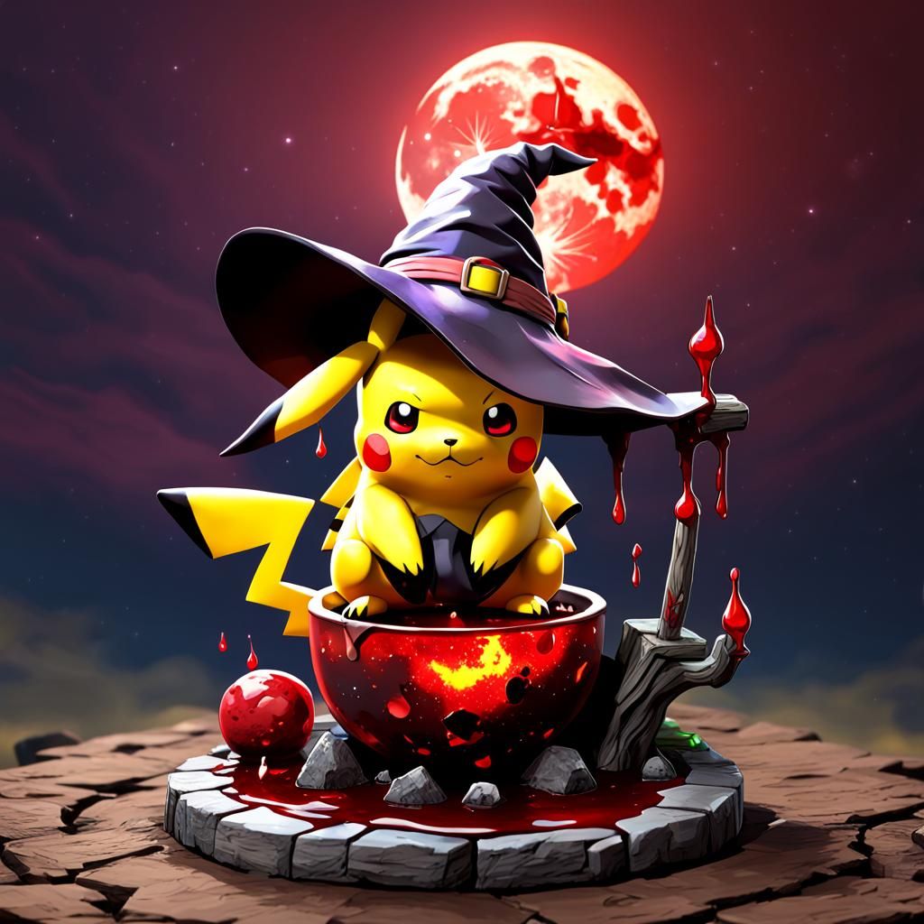 3D Pikachu as Spooky Witch Under Blood Moon
