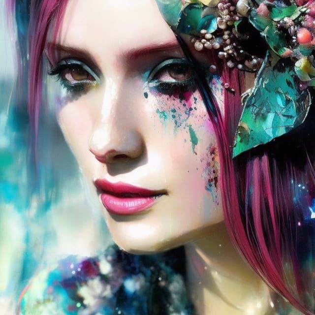 Pink-Haired Girl Portrait in Maximalist Style