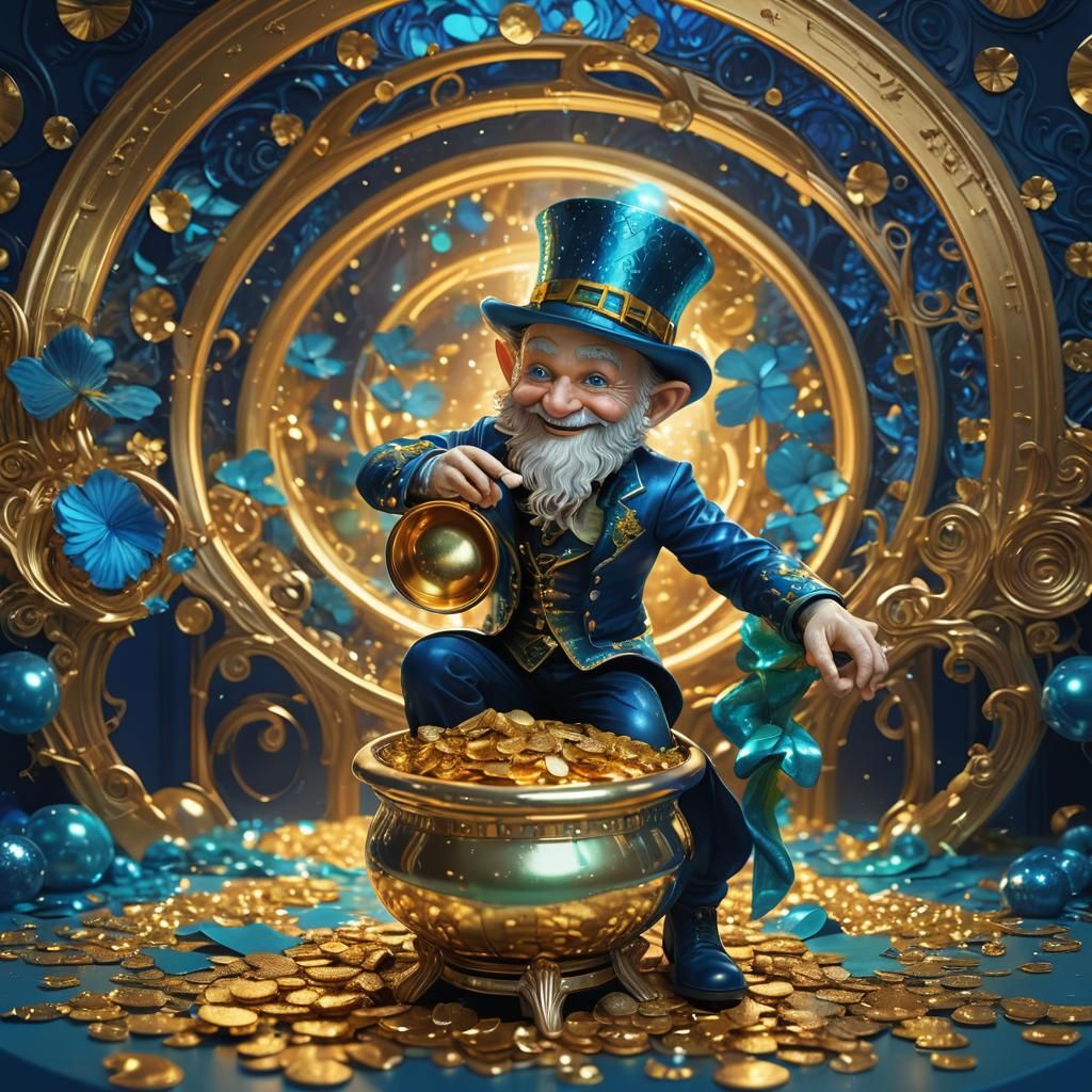 Leprechaun on Gold Pot in Kaleidoscopic Digital Painting