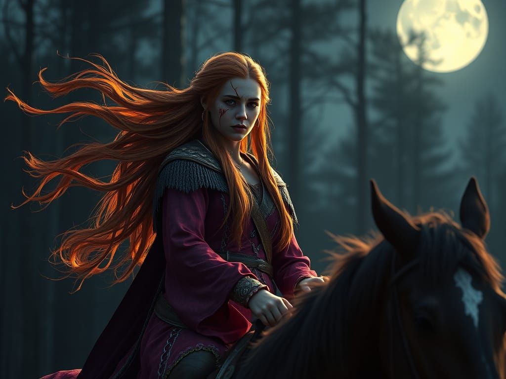 Viking Warrior Rides into Moonlit Woods
