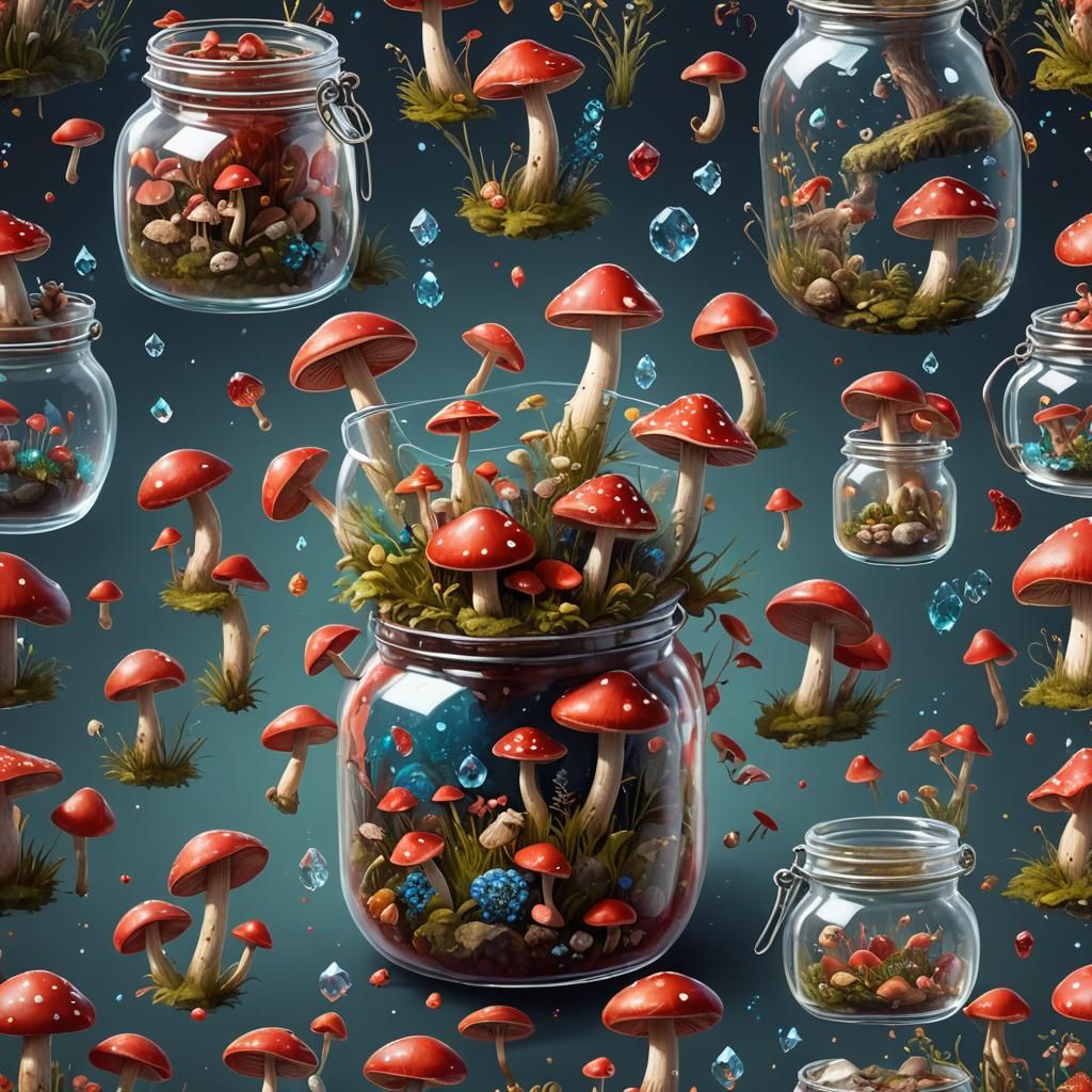 Sparkling Red Mushrooms and Animals in Jar