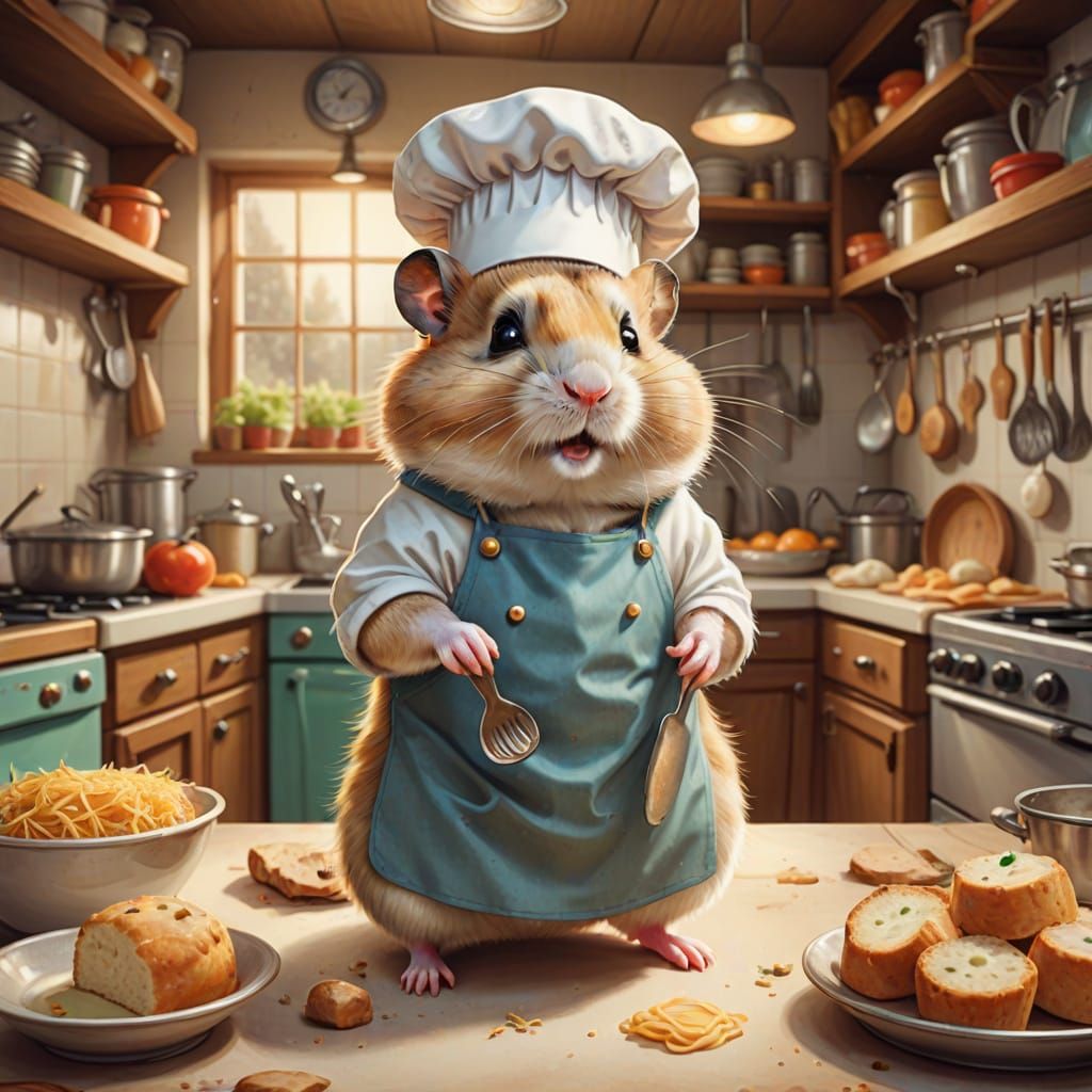 Cute Hamster Chef in Vintage Kitchen Whimsical Illustration