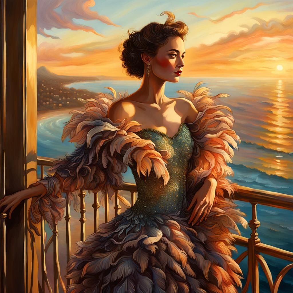 Dreamlike Woman in Feather Gown at Sunset