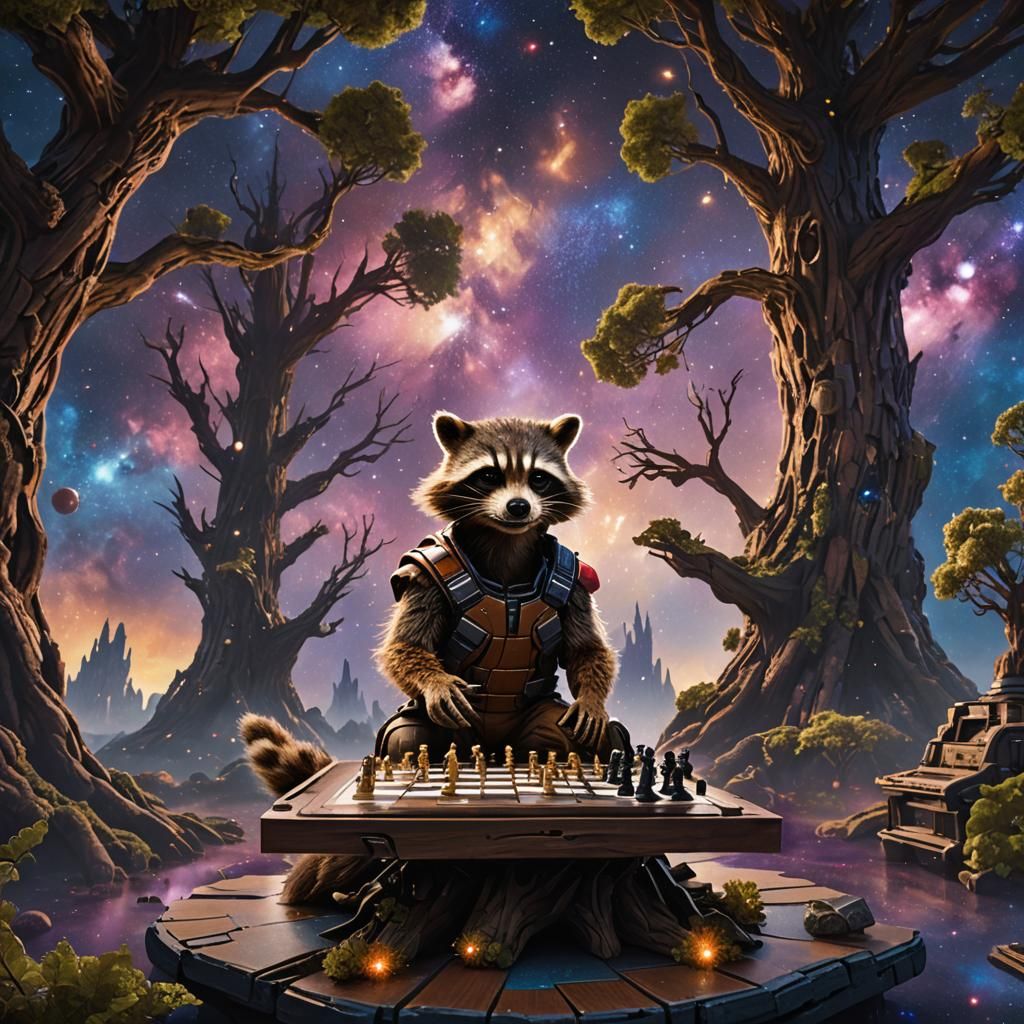 Rocket and Groot Play Cosmic Chess, Fantasy Illustration