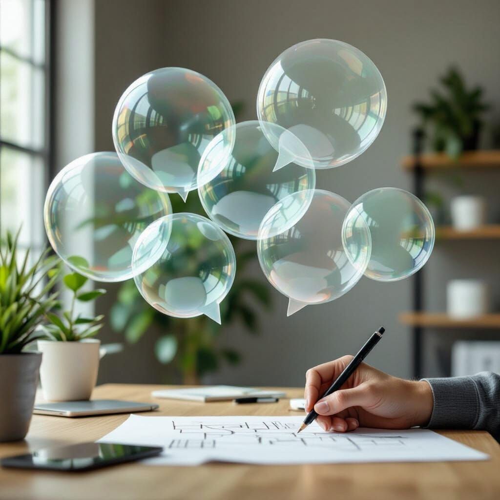 Translucent Chat Balloons Hovering Over Architect's Desk